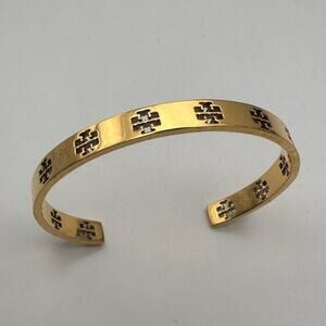 Tory Burch Gold Pierced T Logo Cuff Bracelet Cut Out Emblem Classic Jewelry